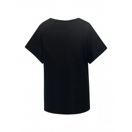 Plus Size Contrast Lace Top, Casual Crew Neck Short Sleeve Top, Women's Plus Size Clothing