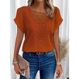 Plus Size Contrast Lace Top, Casual Crew Neck Short Sleeve Top, Women's Plus Size Clothing