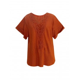 Plus Size Contrast Lace Top, Casual Crew Neck Short Sleeve Top, Women's Plus Size Clothing