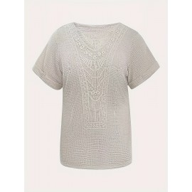 Plus Size Contrast Lace Top, Casual Crew Neck Short Sleeve Top, Women's Plus Size Clothing