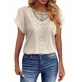 Plus Size Contrast Lace Top, Casual Crew Neck Short Sleeve Top, Women's Plus Size Clothing