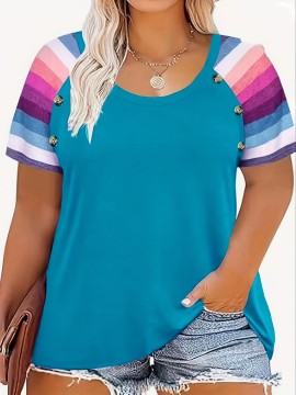 Plus Size Striped Print T-Shirt, Casual Crew Neck Short Sleeve T-Shirt, Women's Plus Size Clothing