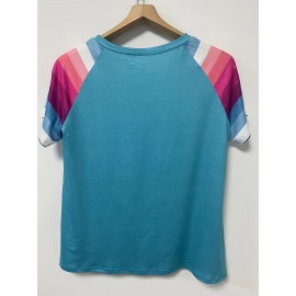 Plus Size Striped Print T-Shirt, Casual Crew Neck Short Sleeve T-Shirt, Women's Plus Size Clothing