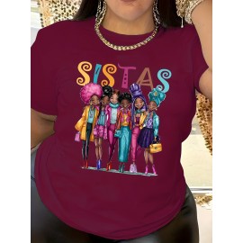Plus Size Sistas Letter Print T-Shirt, Casual Crew Neck Short Sleeve T-Shirt, Women's Plus Size Clothing