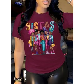 Plus Size Sistas Letter Print T-Shirt, Casual Crew Neck Short Sleeve T-Shirt, Women's Plus Size Clothing