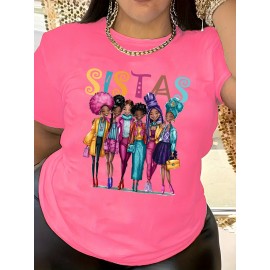 Plus Size Sistas Letter Print T-Shirt, Casual Crew Neck Short Sleeve T-Shirt, Women's Plus Size Clothing