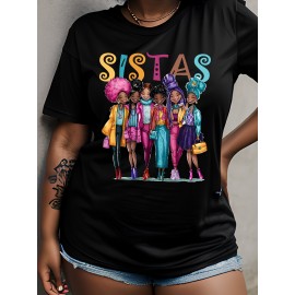 Plus Size Sistas Letter Print T-Shirt, Casual Crew Neck Short Sleeve T-Shirt, Women's Plus Size Clothing