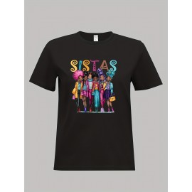 Plus Size Sistas Letter Print T-Shirt, Casual Crew Neck Short Sleeve T-Shirt, Women's Plus Size Clothing