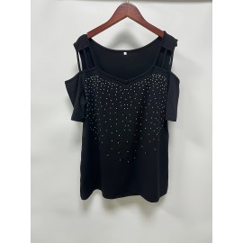 Plus Size Rhinestone Decor T-Shirt, Casual Cold Shoulder Short Sleeve T-Shirt, Women's Plus Size Clothing