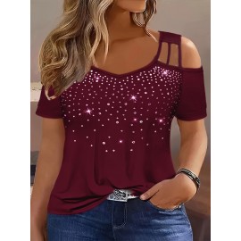 Plus Size Rhinestone Decor T-Shirt, Casual Cold Shoulder Short Sleeve T-Shirt, Women's Plus Size Clothing