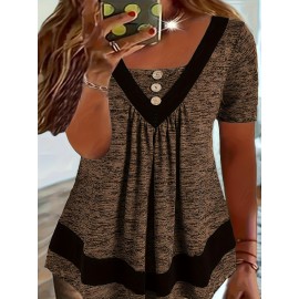 Plus Size Button Front T-Shirt, Casual Short Sleeve Top For Spring & Summer, Women's Plus Size Clothing