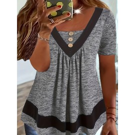 Plus Size Button Front T-Shirt, Casual Short Sleeve Top For Spring & Summer, Women's Plus Size Clothing