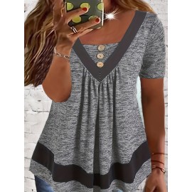 Plus Size Button Front T-Shirt, Casual Short Sleeve Top For Spring & Summer, Women's Plus Size Clothing