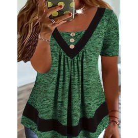 Plus Size Button Front T-Shirt, Casual Short Sleeve Top For Spring & Summer, Women's Plus Size Clothing