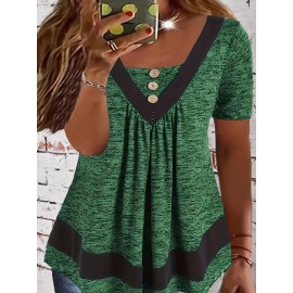 Plus Size Button Front T-Shirt, Casual Short Sleeve Top For Spring & Summer, Women's Plus Size Clothing