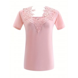 Plus Size Casual T-shirt, Women's Plus Solid Contrast Lace Panel Cold Shoulder T-shirt