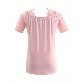 Plus Size Casual T-shirt, Women's Plus Solid Contrast Lace Panel Cold Shoulder T-shirt