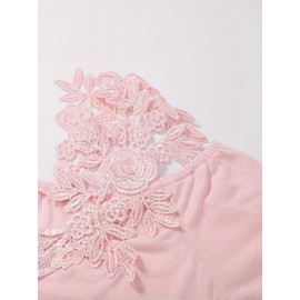 Plus Size Casual T-shirt, Women's Plus Solid Contrast Lace Panel Cold Shoulder T-shirt