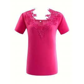 Plus Size Casual T-shirt, Women's Plus Solid Contrast Lace Panel Cold Shoulder T-shirt