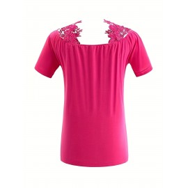 Plus Size Casual T-shirt, Women's Plus Solid Contrast Lace Panel Cold Shoulder T-shirt