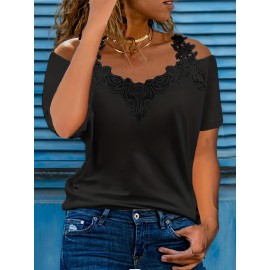 Plus Size Casual T-shirt, Women's Plus Solid Contrast Lace Panel Cold Shoulder T-shirt