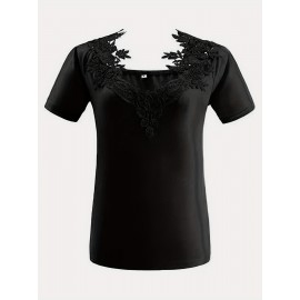 Plus Size Casual T-shirt, Women's Plus Solid Contrast Lace Panel Cold Shoulder T-shirt