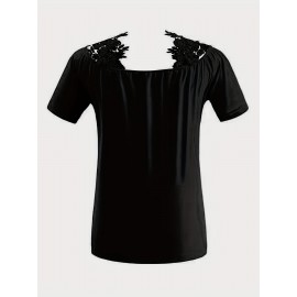 Plus Size Casual T-shirt, Women's Plus Solid Contrast Lace Panel Cold Shoulder T-shirt