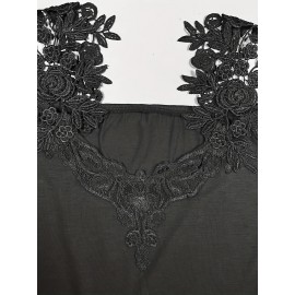 Plus Size Casual T-shirt, Women's Plus Solid Contrast Lace Panel Cold Shoulder T-shirt