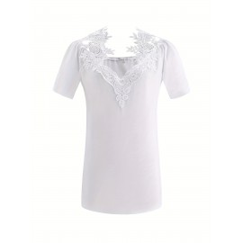 Plus Size Casual T-shirt, Women's Plus Solid Contrast Lace Panel Cold Shoulder T-shirt