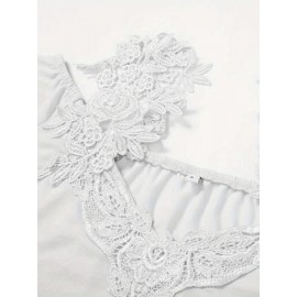 Plus Size Casual T-shirt, Women's Plus Solid Contrast Lace Panel Cold Shoulder T-shirt