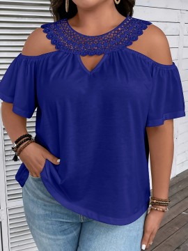 Plus Size Lace Stitching T-Shirt, Casual Cold Shoulder Short Sleeve Crew Neck T-Shirt, Women's Plus Size Clothing