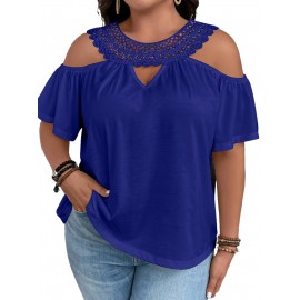 Plus Size Lace Stitching T-Shirt, Casual Cold Shoulder Short Sleeve Crew Neck T-Shirt, Women's Plus Size Clothing