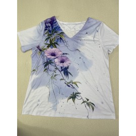 Plus Size Casual T-shirt, Women's Plus Tie Dye Floral Print Short Sleeve V Neck Slight Stretch T-shirt