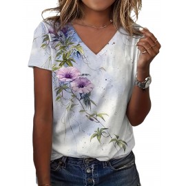 Plus Size Casual T-shirt, Women's Plus Tie Dye Floral Print Short Sleeve V Neck Slight Stretch T-shirt