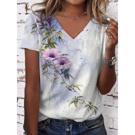 Plus Size Casual T-shirt, Women's Plus Tie Dye Floral Print Short Sleeve V Neck Slight Stretch T-shirt