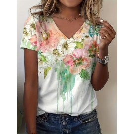 Plus Size Casual T-shirt, Women's Plus Tie Dye Floral Print Short Sleeve V Neck Slight Stretch T-shirt