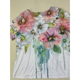 Plus Size Casual T-shirt, Women's Plus Tie Dye Floral Print Short Sleeve V Neck Slight Stretch T-shirt