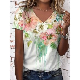 Plus Size Casual T-shirt, Women's Plus Tie Dye Floral Print Short Sleeve V Neck Slight Stretch T-shirt