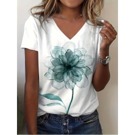 Plus Size Casual T-shirt, Women's Plus Tie Dye Floral Print Short Sleeve V Neck Slight Stretch T-shirt