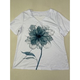 Plus Size Casual T-shirt, Women's Plus Tie Dye Floral Print Short Sleeve V Neck Slight Stretch T-shirt