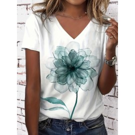 Plus Size Casual T-shirt, Women's Plus Tie Dye Floral Print Short Sleeve V Neck Slight Stretch T-shirt