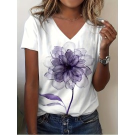 Plus Size Casual T-shirt, Women's Plus Tie Dye Floral Print Short Sleeve V Neck Slight Stretch T-shirt