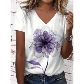 Plus Size Casual T-shirt, Women's Plus Tie Dye Floral Print Short Sleeve V Neck Slight Stretch T-shirt