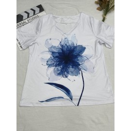 Plus Size Casual T-shirt, Women's Plus Tie Dye Floral Print Short Sleeve V Neck Slight Stretch T-shirt