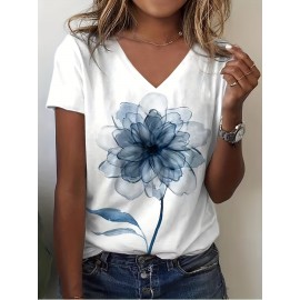 Plus Size Casual T-shirt, Women's Plus Tie Dye Floral Print Short Sleeve V Neck Slight Stretch T-shirt