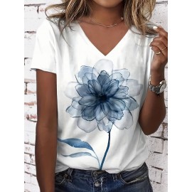 Plus Size Casual T-shirt, Women's Plus Tie Dye Floral Print Short Sleeve V Neck Slight Stretch T-shirt