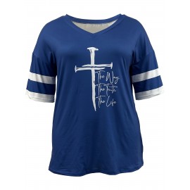 Plus Size Cross & Letter Print T-Shirt, Casual Short Sleeve Top For Spring & Summer, Women's Plus Size Clothing