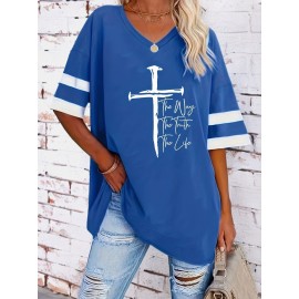 Plus Size Cross & Letter Print T-Shirt, Casual Short Sleeve Top For Spring & Summer, Women's Plus Size Clothing