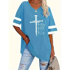 Plus Size Cross & Letter Print T-Shirt, Casual Short Sleeve Top For Spring & Summer, Women's Plus Size Clothing