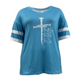 Plus Size Cross & Letter Print T-Shirt, Casual Short Sleeve Top For Spring & Summer, Women's Plus Size Clothing